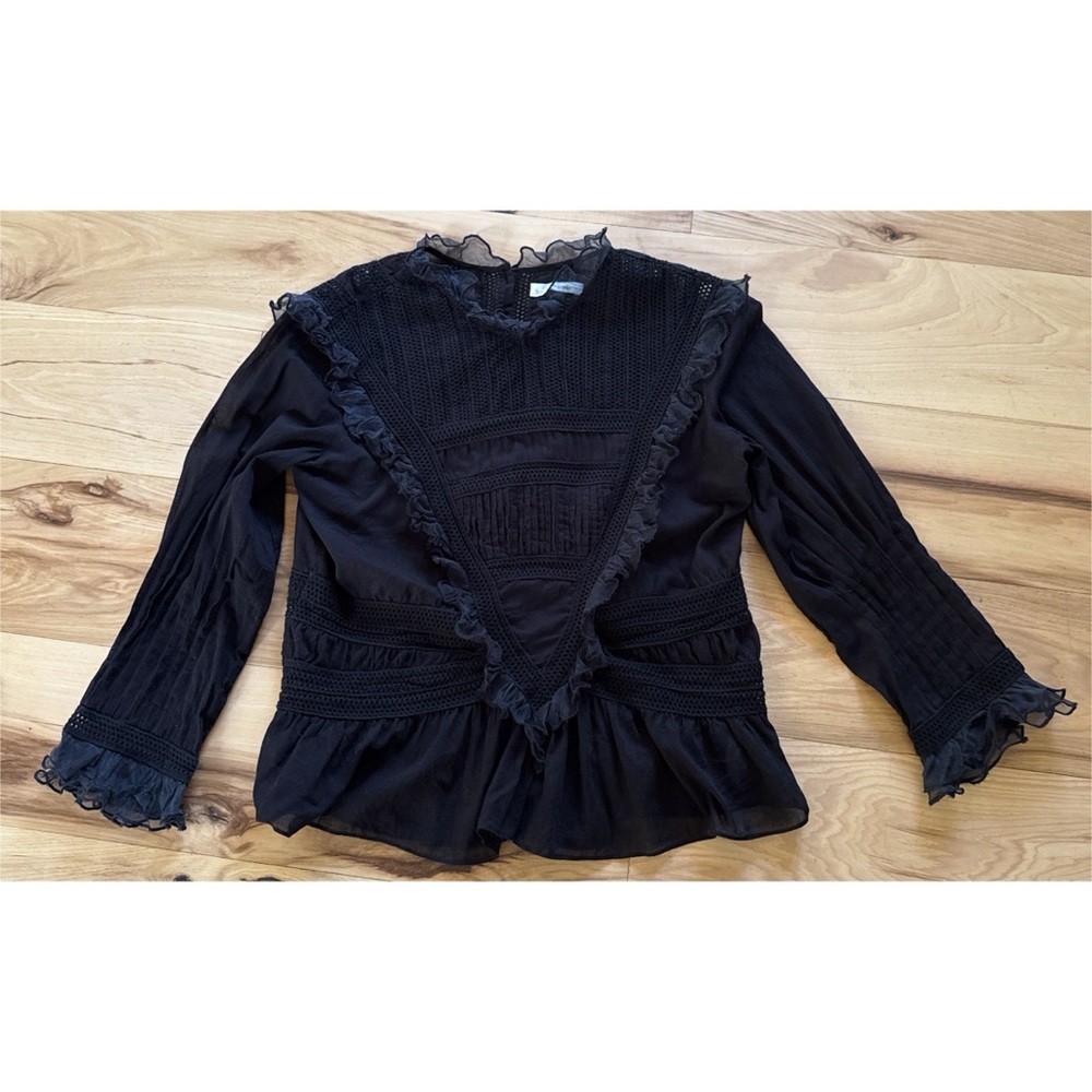 EUC Doen Cassis Pintuck Prairie Victorian Ruffled Button Back Chiffon Blouse XS - Picture 6 of 10